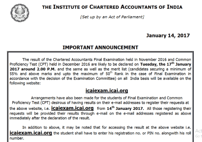 CA Final Result Nov 2016 ANNOUNCEMENT by ICAI
