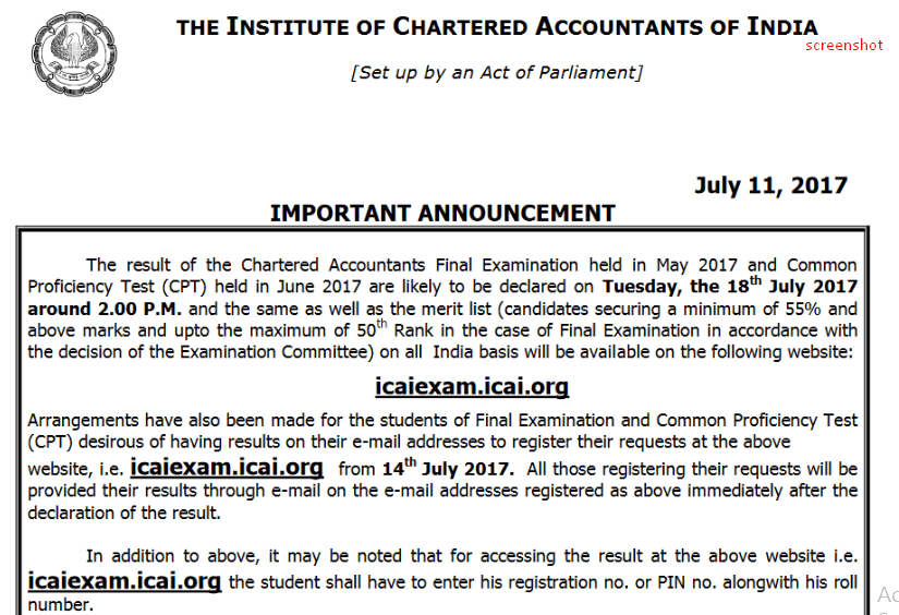 icai announcement ca final may 2017 caresults